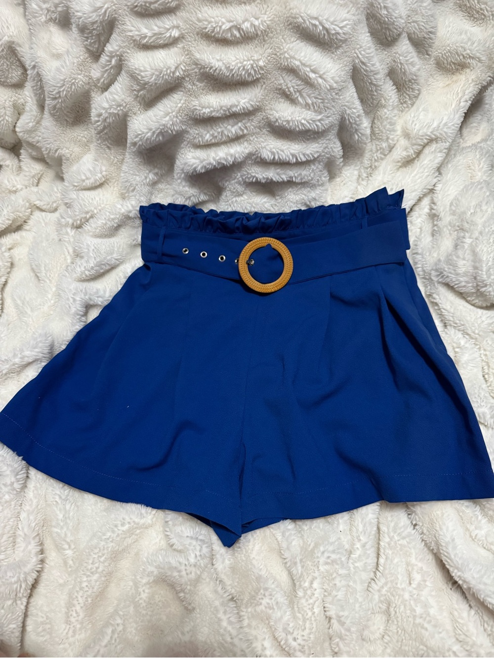 Jealous Tomato Royal Blue High-Waist Paperbag Shorts with Tan Belt Buckle